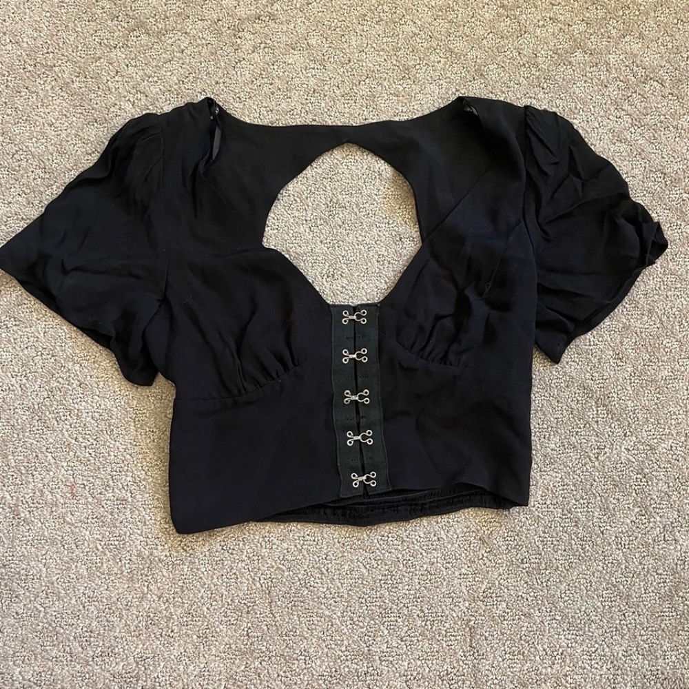 Black Crop Top with Metal Clasps and Cut Outs; Grunge/Rockstar